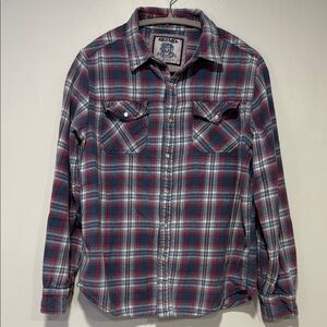 Men's Navy and Red Plaid Button-Down Shirt